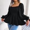 Summer Women Chiffon Shirt Long Sleeve Square Neck Solid Color Tops with Wooden Ears