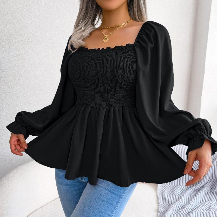 Summer Women Chiffon Shirt Long Sleeve Square Neck Solid Color Tops with Wooden Ears