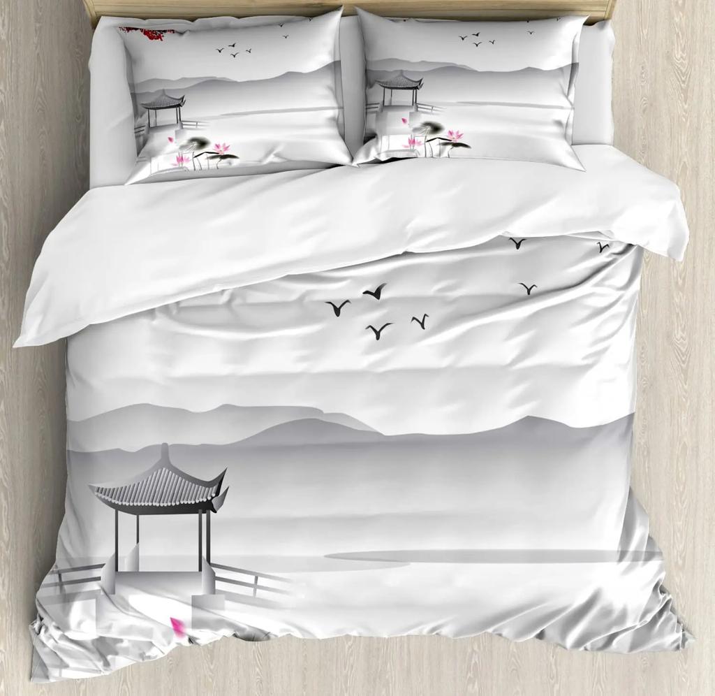 Japanese Duvet Cover SetGirl In Traditional Dress and Cultural Patterns Antique Eastern Collage Bedding Sets FullBrown Cream