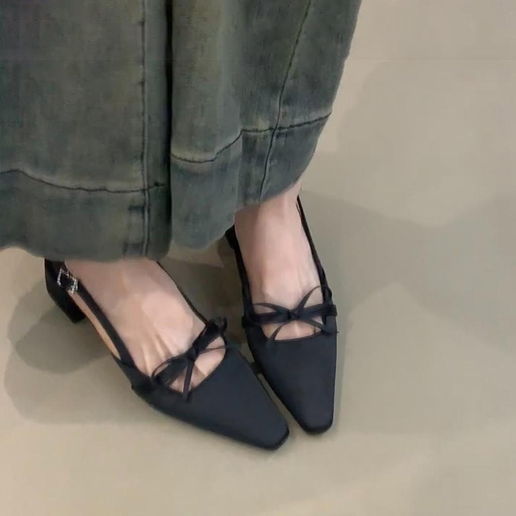 Gentle fairy style temperament satin high heels single shoes female versatile square head bow back strap sandals
