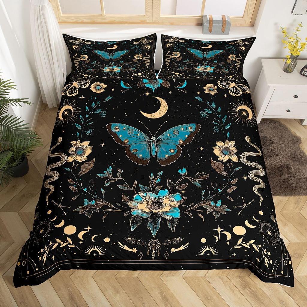 Gothic Moth Duvet Cover, Butterfly Bedding Set Full Queen Flower Weed Botanical Comforter Cover Psychedelic Galaxy Quilt Cover