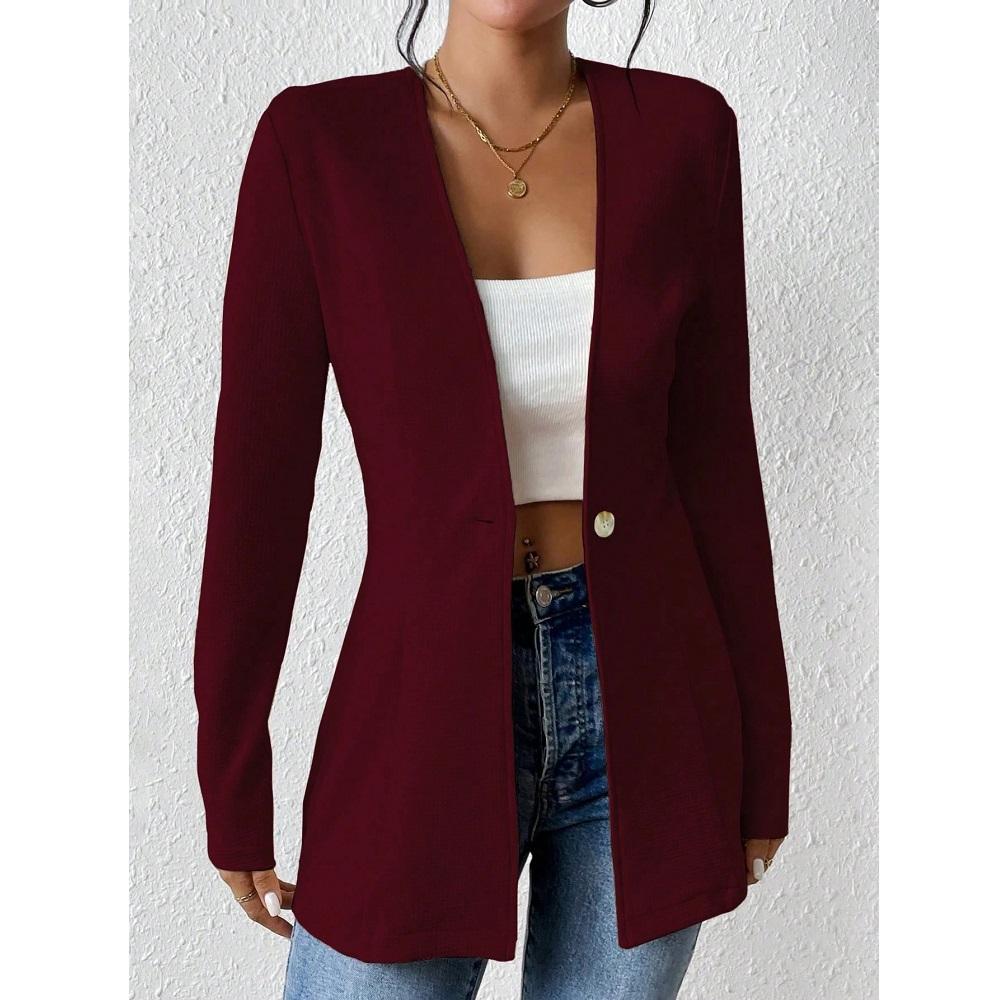 

Женские осенние тонкие легкие блейзеры пальто с V-образным вырезом на одной пуговице с длинным рукавом XXL вино красного