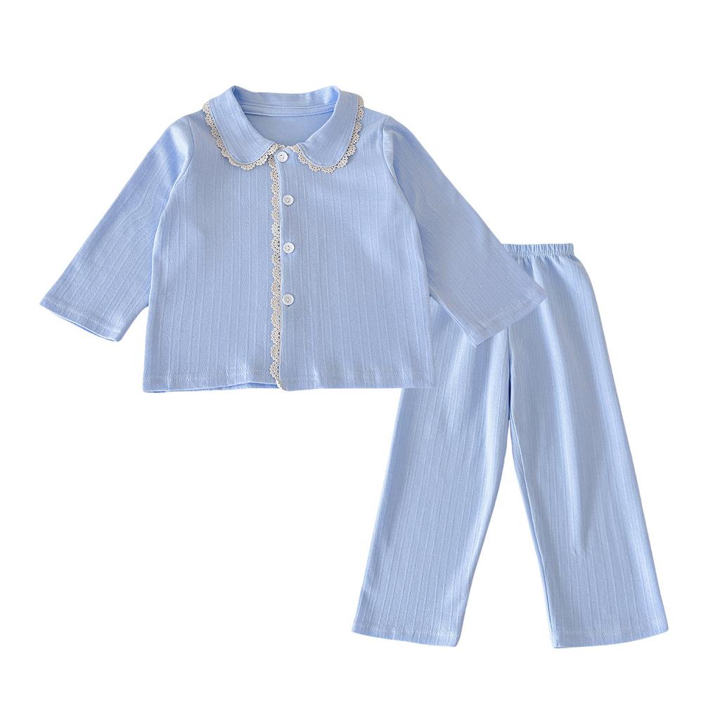 Spring And Autumn Children'S Pajamas Pure Cotton Girls' Lace Collar Sweet Wind Cardigan Long Sleeve Long Pants Student Loungewear Two-Piece Set