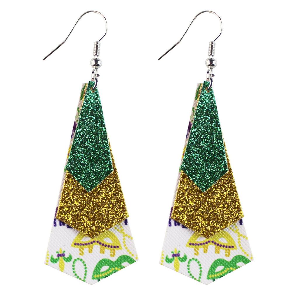 Carnival Three-Layer Leather Earrings, Cross Pattern Single-Sided Printing Scallion Powder Fine Powder Water Droplets Leaves