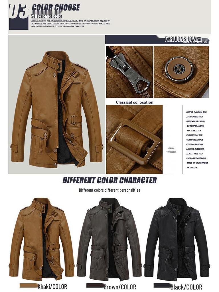 Men's Winter Fleece-Lined Leather Jacket, Mid-Length, Thickened, Casual, Middle-Aged, Warm Cotton Coat
