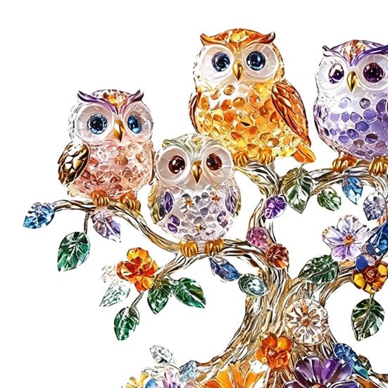 Owls Perched Tree Ornament, 2D Acrylic Owl Decoration with Base, Colorful Owl Flower Tree Ornament for Desktop Bookshelf Decor
