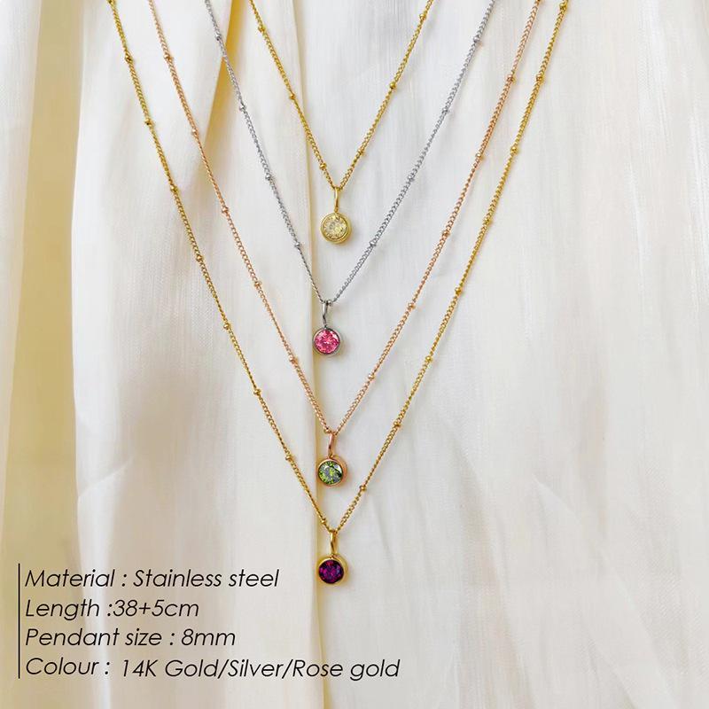 Stainless Steel Vacuum-Plated Birthstone Rhinestone Necklace for Women - Fashionable European & American Style