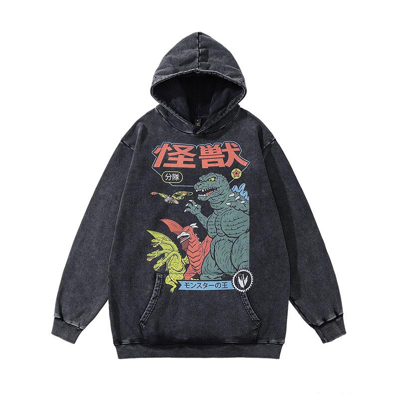 Harajuku Ukiyo-E Cartoon Print Heavy Hoodie American Street Hip Hop Washed Hoodie For Men And Women