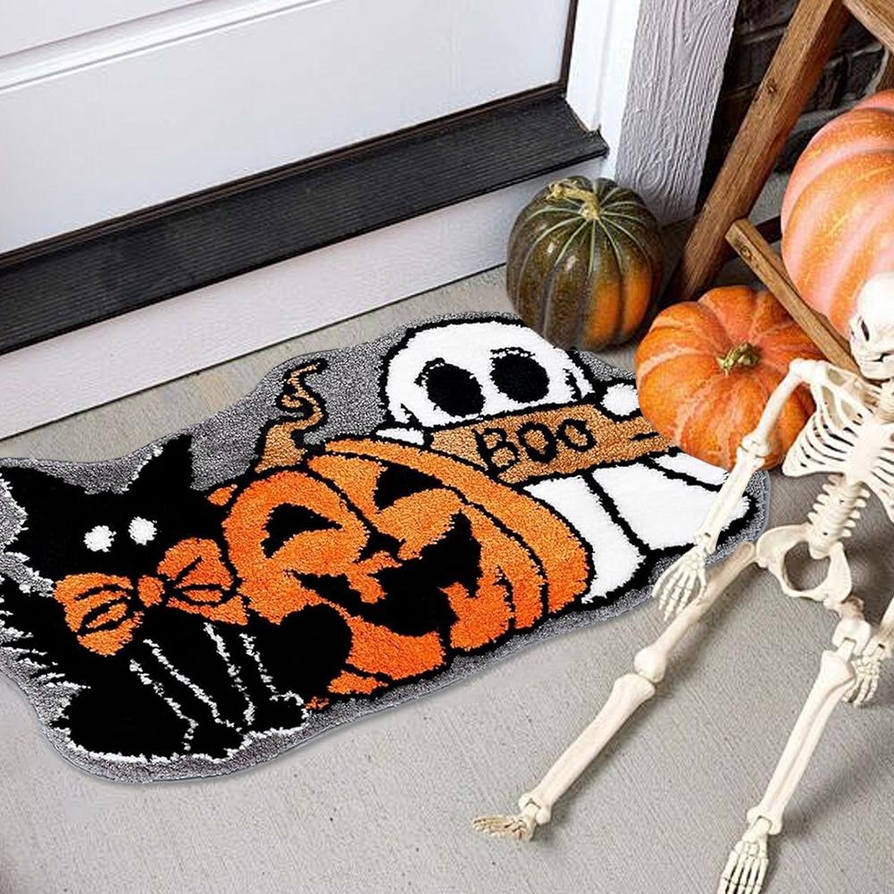 Halloween Ghost Pumpkin Door Mat Soft Bath Mat Plush Floor Rug Hypoallergenic Non-slip for Entrance Bedroom Kitchen Bathroom Use
