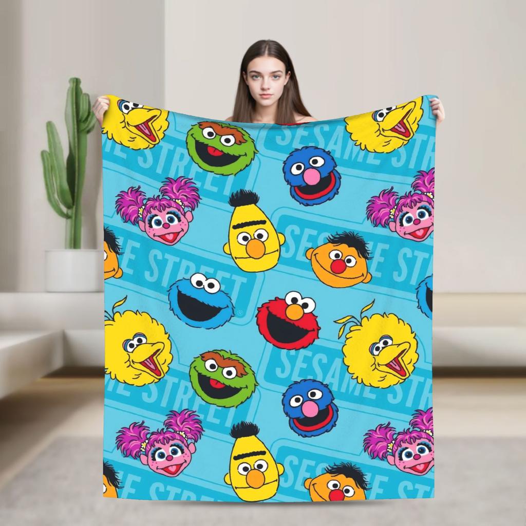 Cookie Monster Sesamets Knitted Blanket Flannel Throw Blanket Bedroom Sofa Printed Ultra-Soft Warm Bedspreads