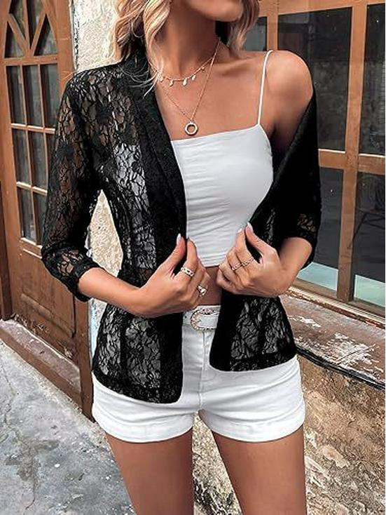 Spring Women's Elegant Lace Cardigan Top with Three-Quarter Sleeves