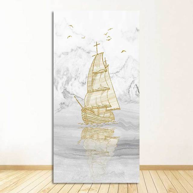 Painting Minimalist Landscape Poster Print Nordic Wall Art Picture Entrance Decoration Abstract Golden Sailing Boat Canvas