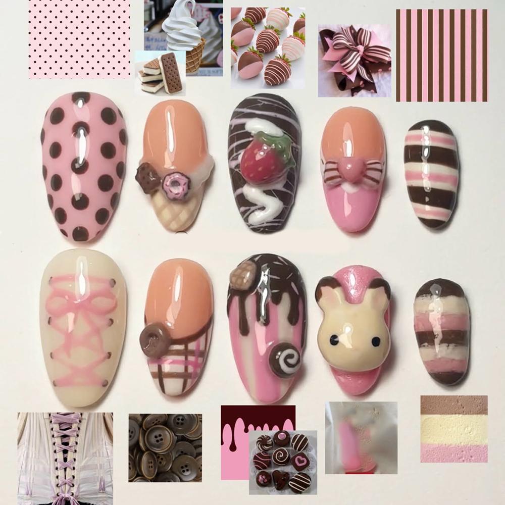 Handmade 3D Cute Rabbit Cat Pink Chocolate Dessert Cream Cartoon Almond Shaped Press On Nails Art Stickers