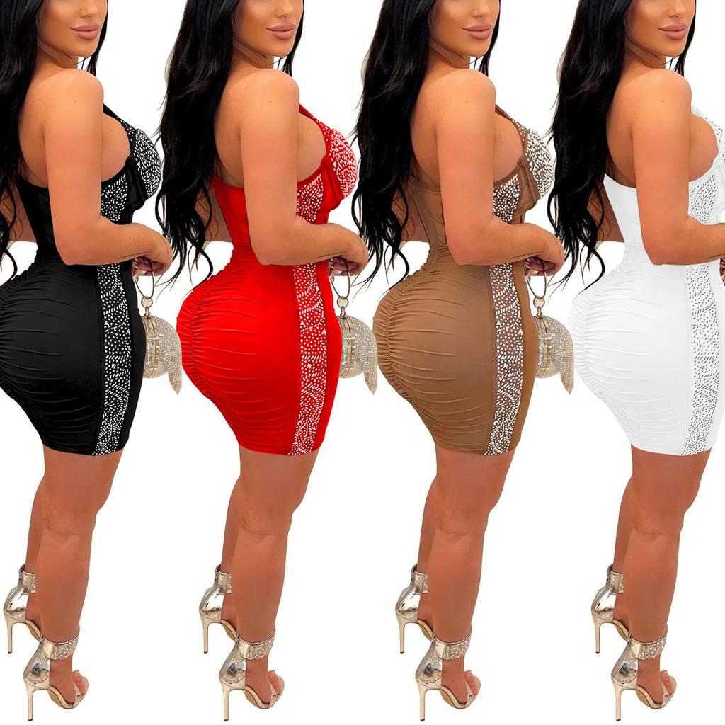 C6307 European & American Fashion Women's Solid Color Mesh Asymmetrical Neck Sleeveless Dress