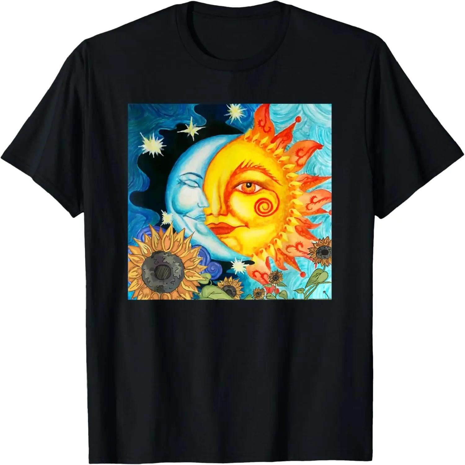 Милая футболка в стиле хиппи с луной, солнцем, звездами и крутым подсолнухом S