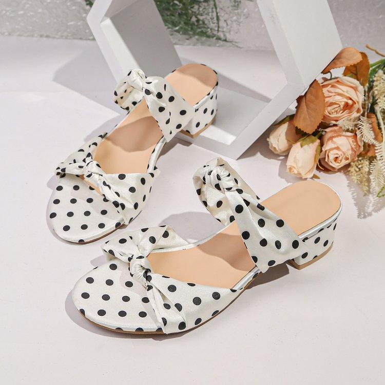 Pleated Bow Block Heel Slippers Summer Round Toe Open Toe Non-slip Sandals 35
