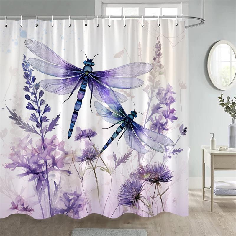 Floral Dragonfly Shower Curtains Butterfly Dandelion Purple Flowers Watercolour Art Polyester Bathroom Curtain Decor With Hooks
