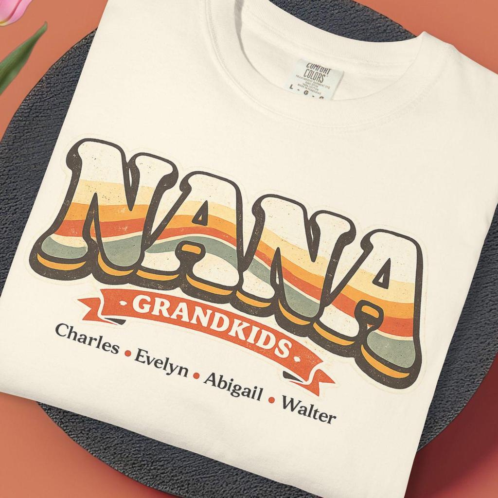 Comfort Colors Nana Grandkids Shirt, Personalized Grandma Tee with Names, Retro 70s Groovy T Shirt, Custom Nana Gift, Mother’s Day Shirt