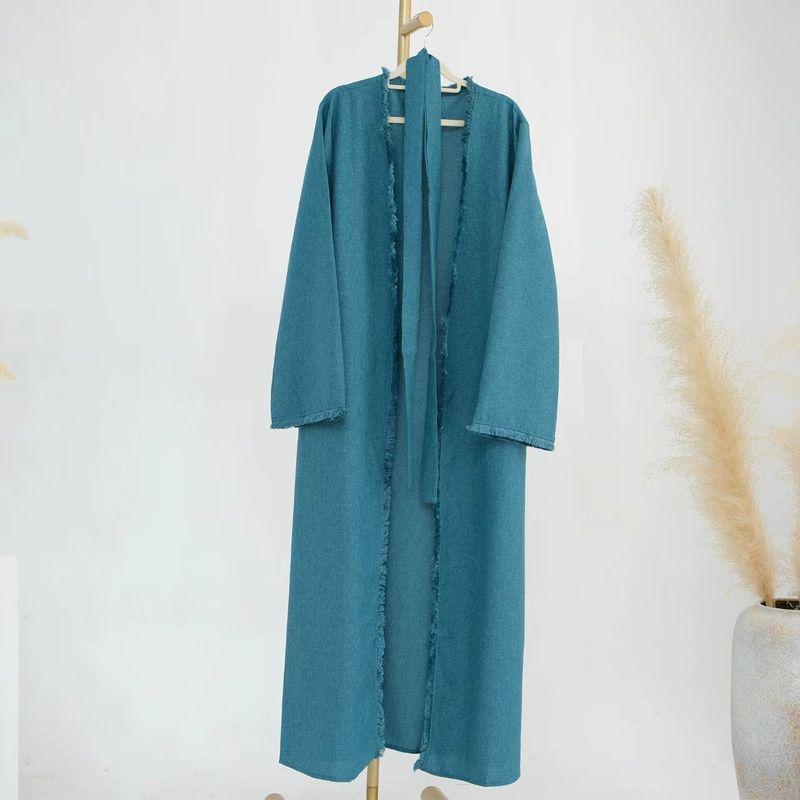 

New Arrival Middle East Fimbrilla Cardigan Robe Dress Open Collar Lace up Robe Dress Blue L