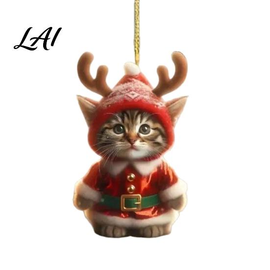 Cute Kitten Holiday Gifts Santa Cat Christmas Ornament Acrylic Car Mirror Hanging Decor with Rearview Accessories Reindeer Antlers 2D Bag Charm for