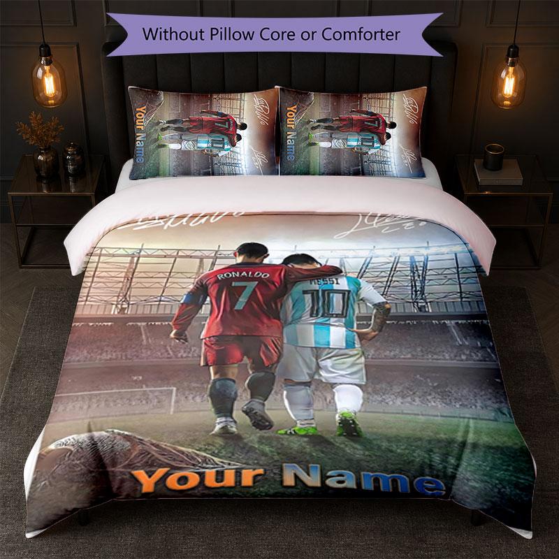 Set Biancheria da Letto Personalizzato Cristiano Ronaldo con Nome Testo 1 Copripiumino+2 Federe Logo Calcio Regalo Personalizzato per Occasione Speciale Arredamento Camera da Letto