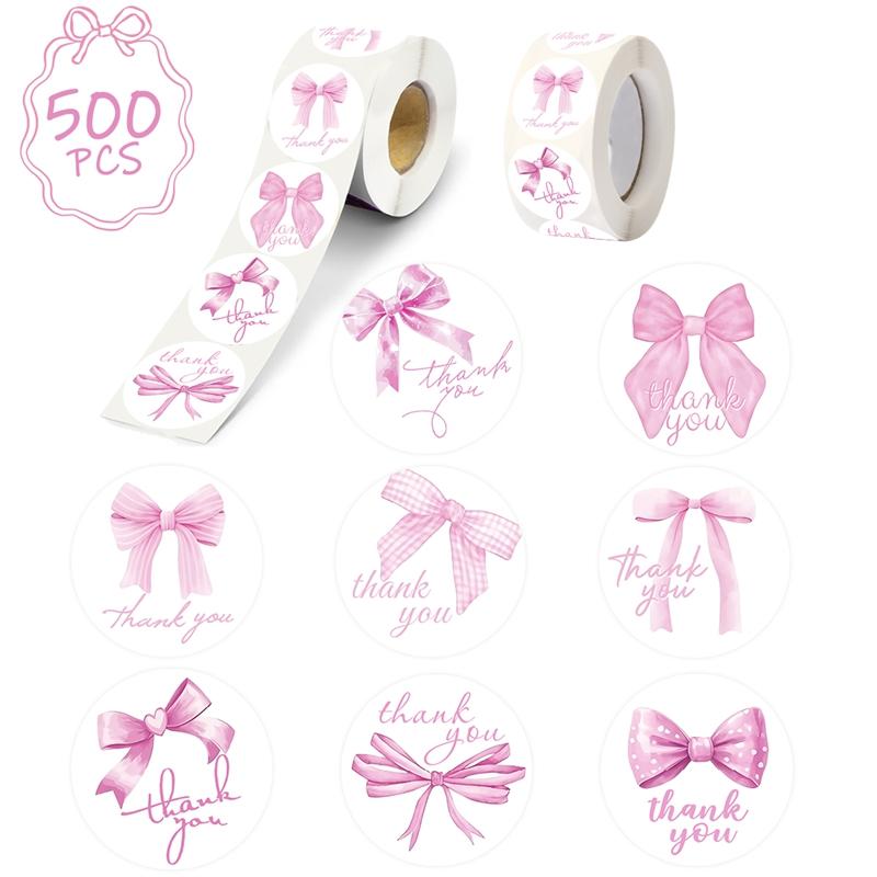 500pcs/roll Pink Bow Seal Stickers Gift Bag Candy Box Seal Lables Thank You Decals Bow Theme Birthday Party Decoration Stickers