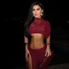 European and American Women's Clothing Spring New Solid-color Mesh Short Sexy Open-button Top Split-ended Skirt Suit Women