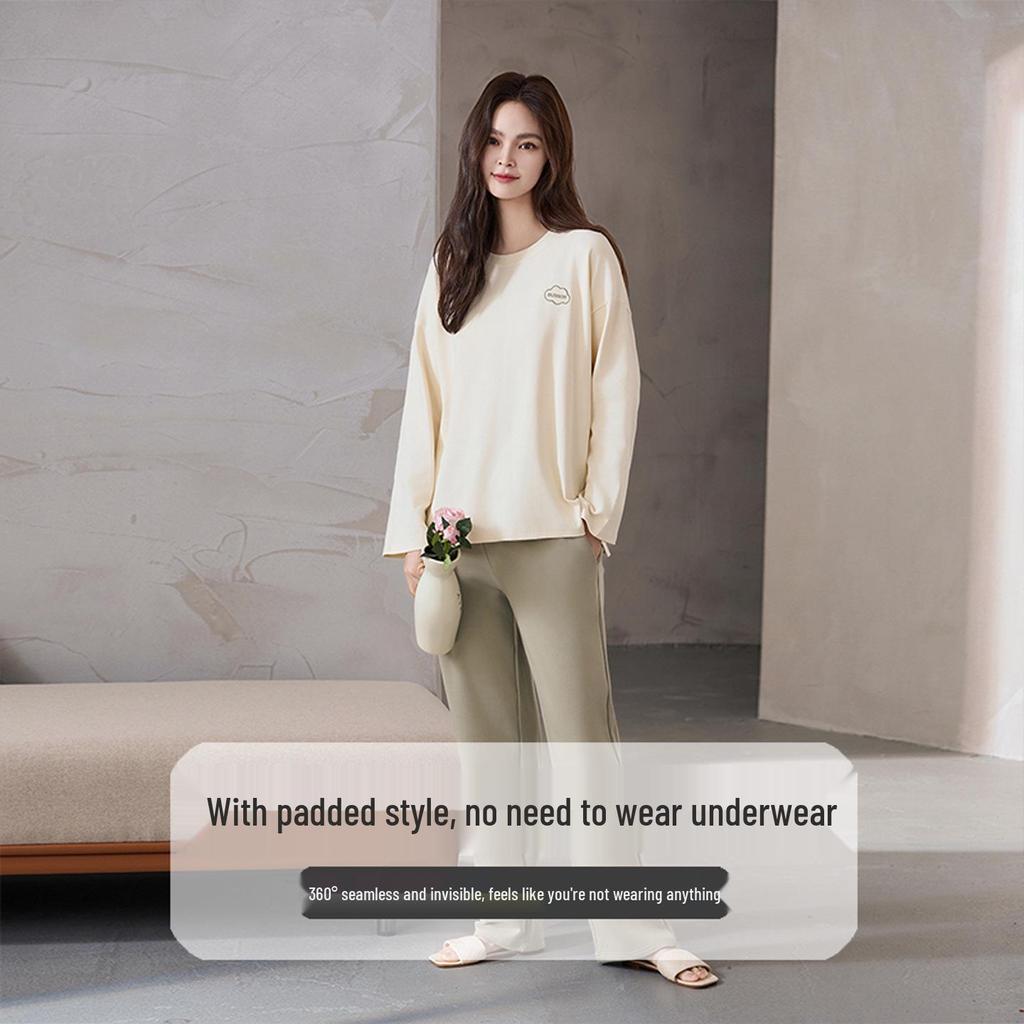 Women's Pure Cotton Pajamas with Chest Pad - Long Sleeve, Plus Size, for Autumn/Winter. Wearable Outdoors, Loose Fit Homewear.