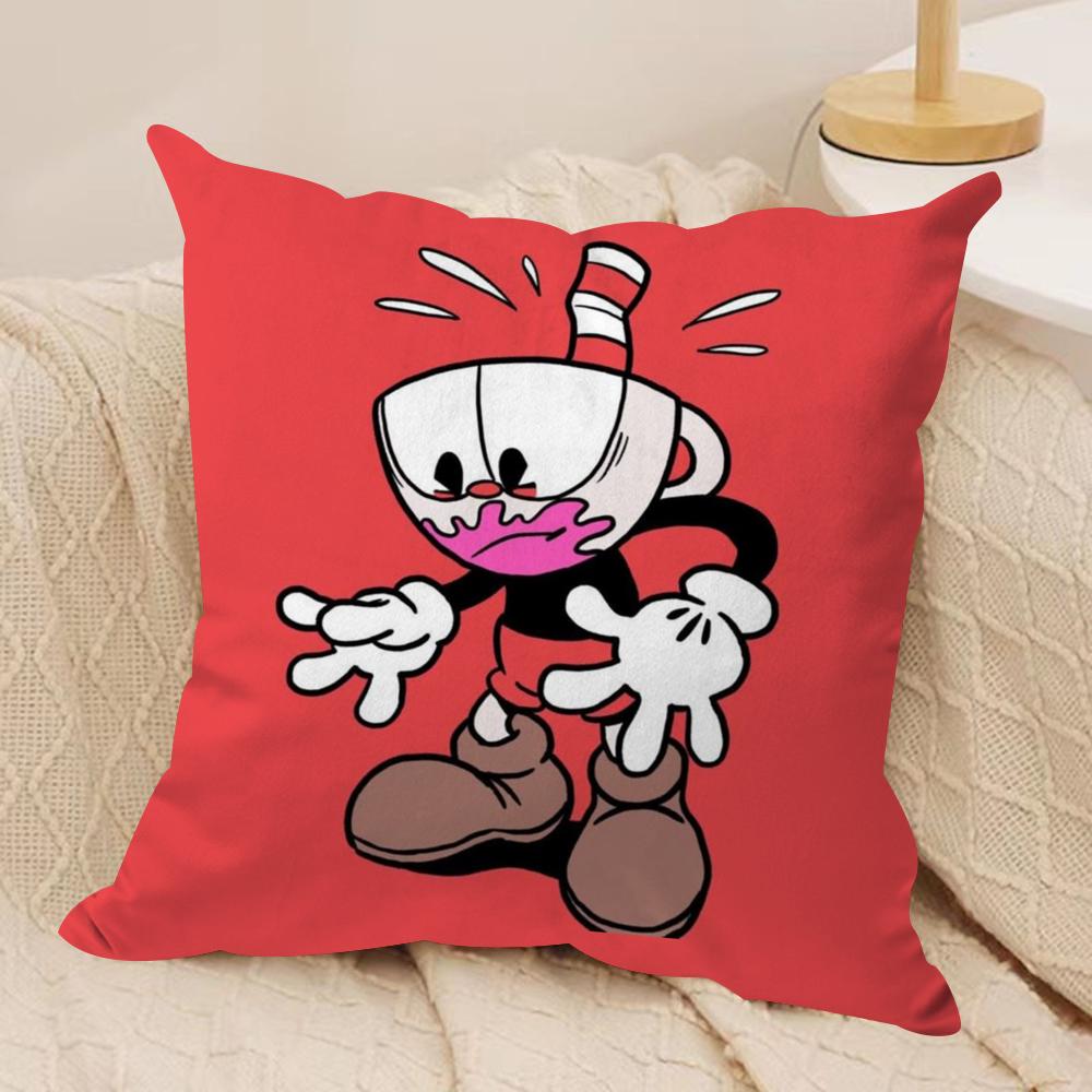 Game CCupheadS Cushion Cover Silky Short Plush DoubleSided Printed Pillow Case for Sofa All Seasons Home Decor Gift