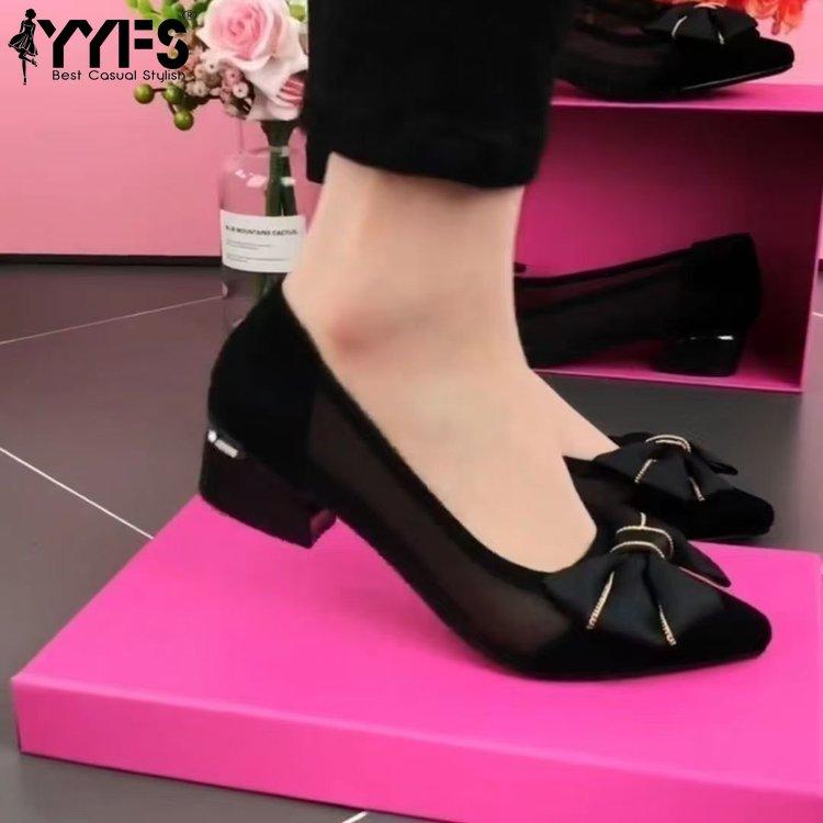 Women Summer Sandals Pointed Toe Bowknot Pumps Fashion Mesh High Heels Hollow Out Plus Size Mid Heel Shoes