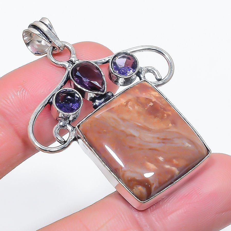 Natural Dolomite, Amethyst 925 Sterling Silver Jewelry Pendant 2.01" Q0C43