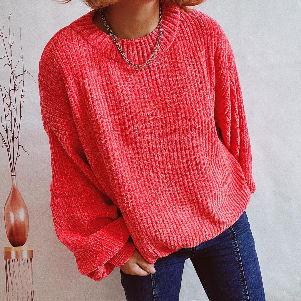 Autumn and Winter New Women's Solid Color Casual Shirt Round Neck Lantern Sleeve Short Knit Pullover Sweater Woman