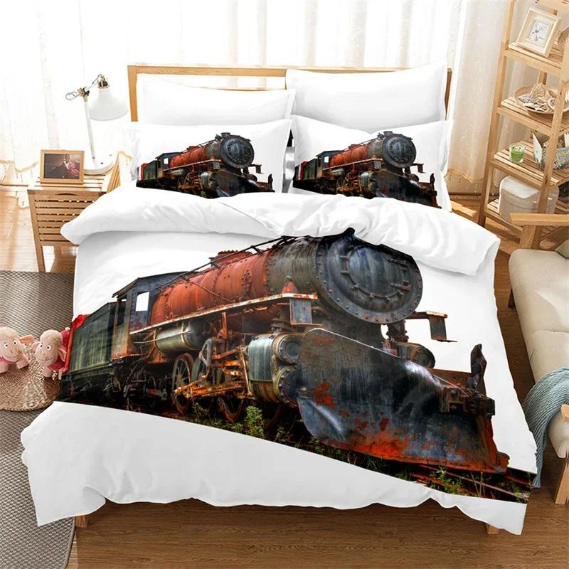 Comforter Steam Engine King Queen Microfiber Vintage Locomotive In Countryside Scenery Green Grass Train Pattern Bedding Set