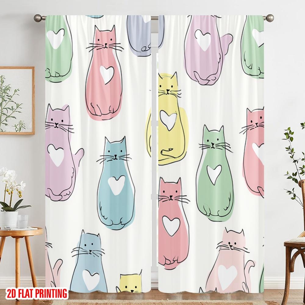 2pcs  2D plane printing Window Curtain Pastel Cats Design Polyester (without rod) Festive Ldeal for Bedroom   Living Room