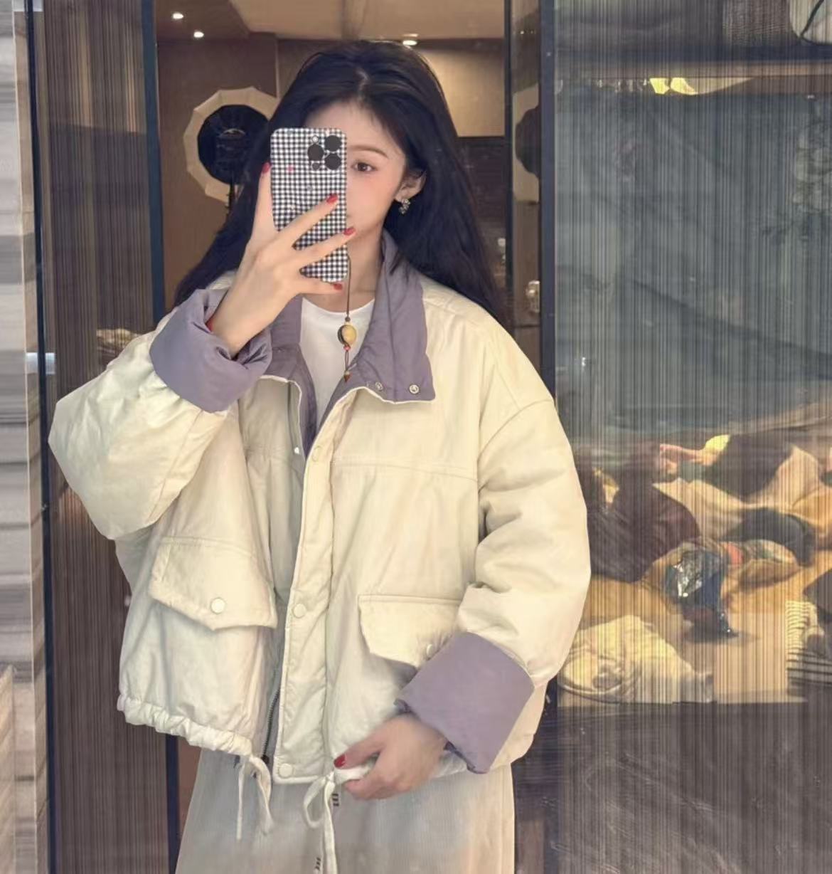 

Stand-up collar contrasting color padded short jacket women s 2025 winter new casual small thin warm cotton jacket top XL