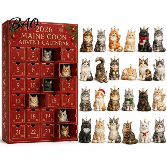 Cat Countdown Calendar Christmas Advent Calendar, 24 Day with Cute Ornaments, Festive Room Decor 2D Acrylic Kitty Holiday Decorations, Gift for Kids,