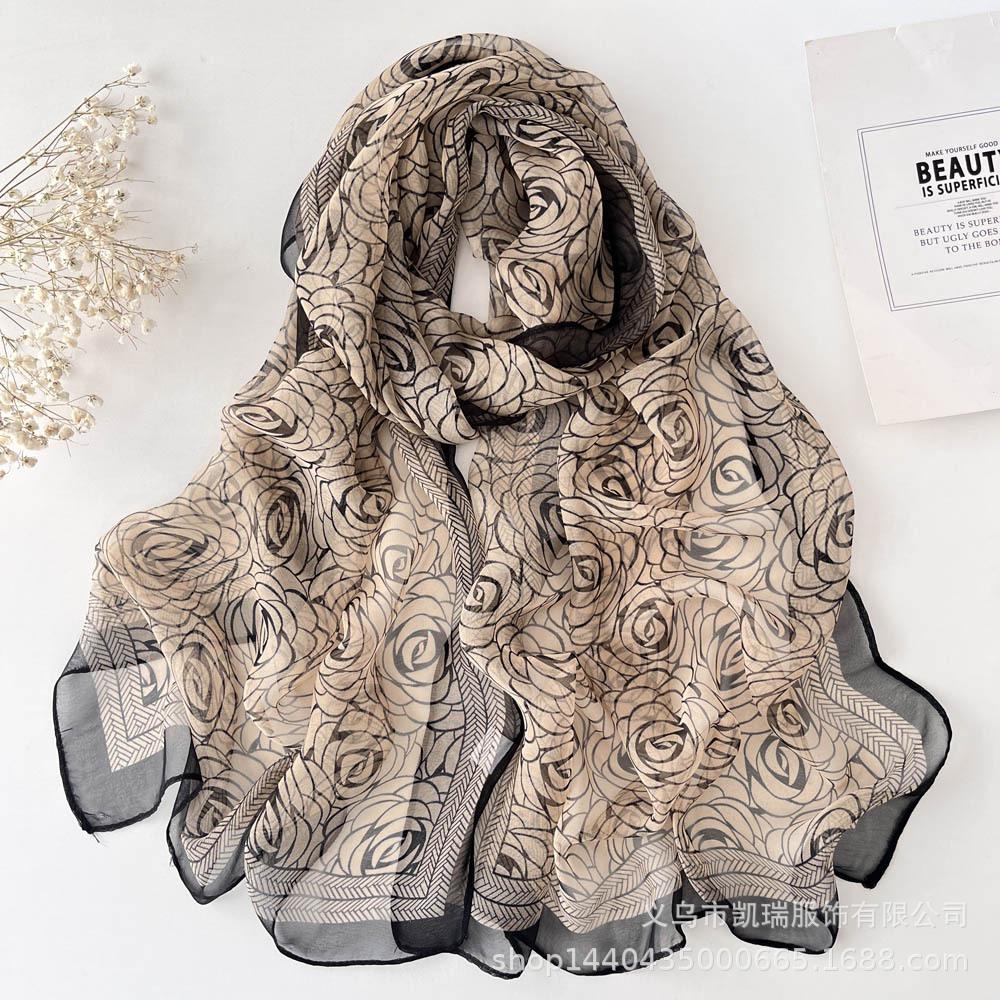 

Новый длинный шелковый шарф с солнцезащитным кремом, тонкий искусственный шелк, весенне-летний женский шарф с принтом и украшением из жоржета 160CM
