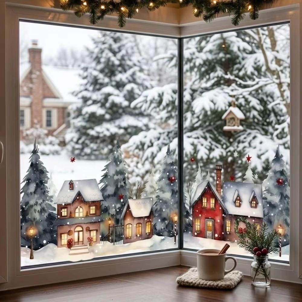 Waterproof Christmas Window Clings Static Adhesive Snowy Village Stickers Winter Home Decor