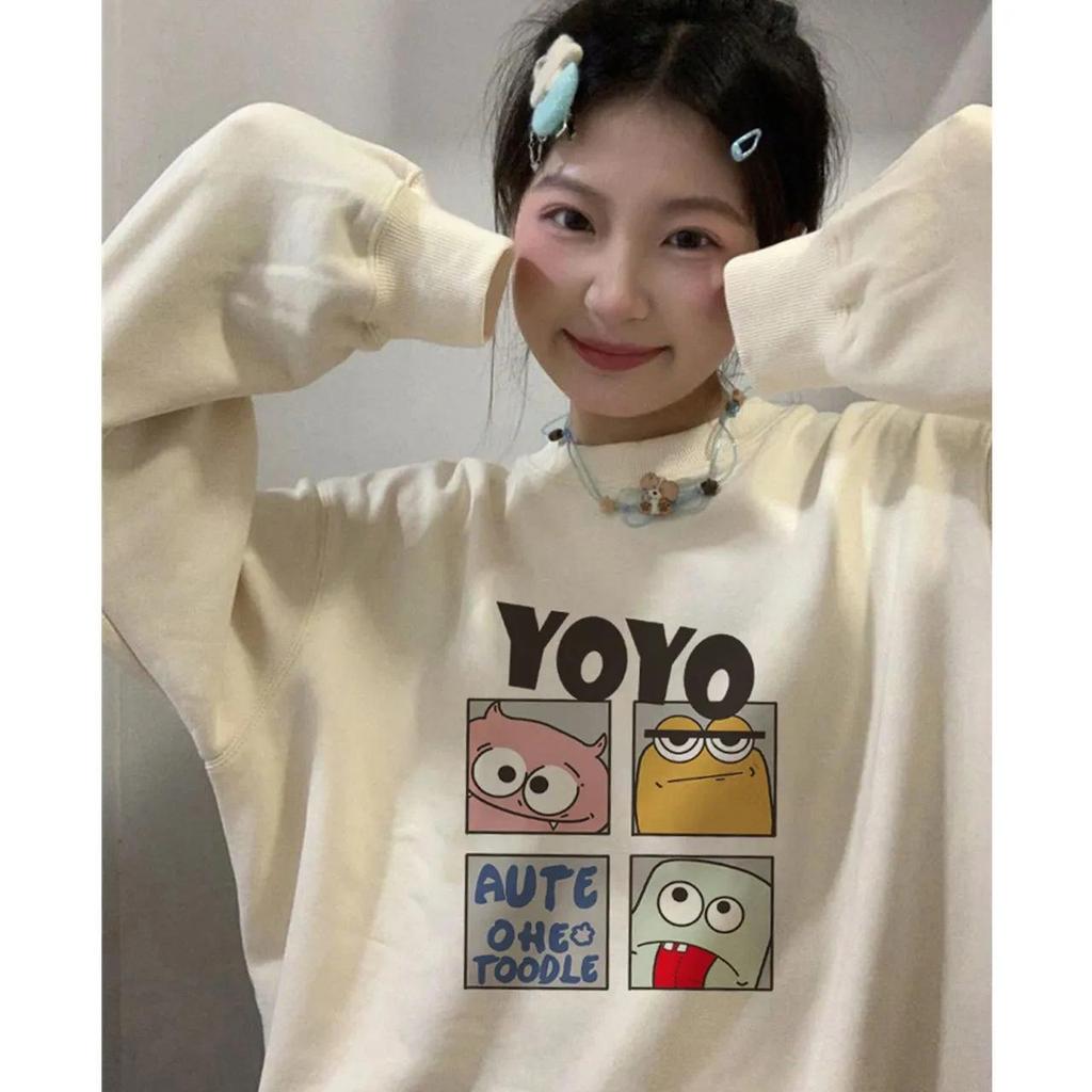 Women's Japanese INS-Style Round Neck Sweatshirt, Merade Color, College Style, Autumn/Winter, Plus Velvet, Warm, Loose Long Sleeve Top