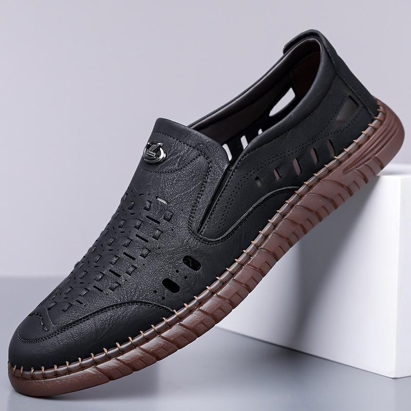 

Летние новые сандалии мужская обувь большой размер повседневные полые кожаные сандалии с отверстиями мягкая подошва 2025 38 чёрный