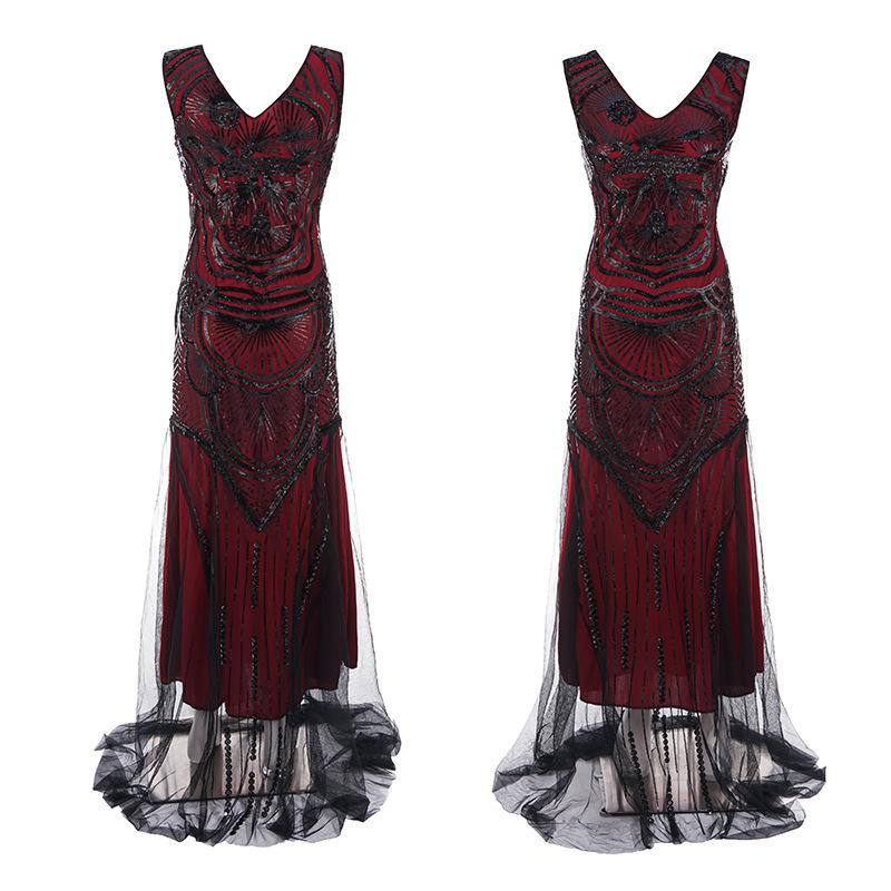 Popular retro dress bridesmaid beaded mesh sequined evening dress European and American wedding dress long dress