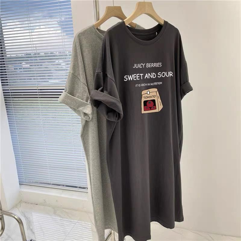 HNXC Summer Fashion Short-sleeved T-shirt Women's Mid-length Printed Slit Dress Loose Plus-size Women's Fashion Trend