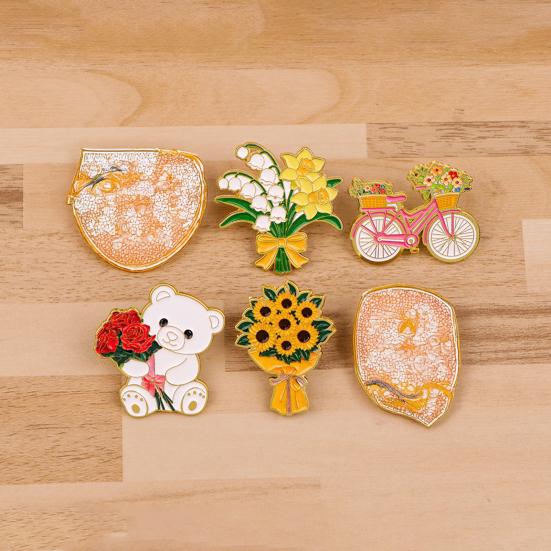 Zinc Alloy Brooch Pin, Enamel Paint Corrosion-Resistant Lapel Pin, Flower Bear Style Metal Badge with Stable Back-Buckle Pin for Clothes Hats