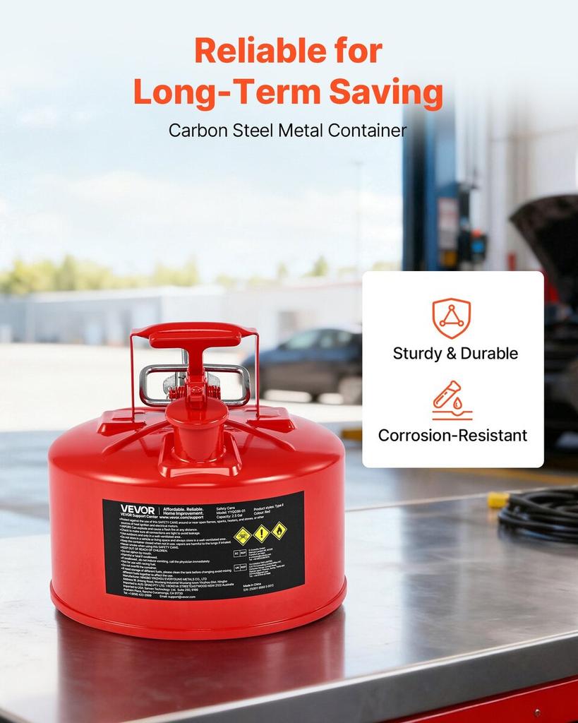 Safety Gas Can, 9.5 L Type II Red Safety Can for Gasoline with Stainless Steel Flame Arrester, Self-Closing Lid, and Flexible Metal Spout, Carbon