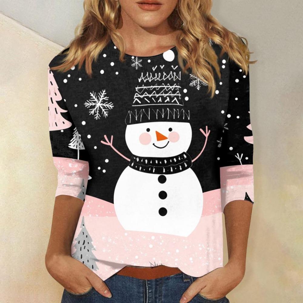 Christmas Limited Edition Women's 3D Snowflake and Snowman Print Round Neck Long Sleeve Hoodies Fashion Casual Long Sleeve Top