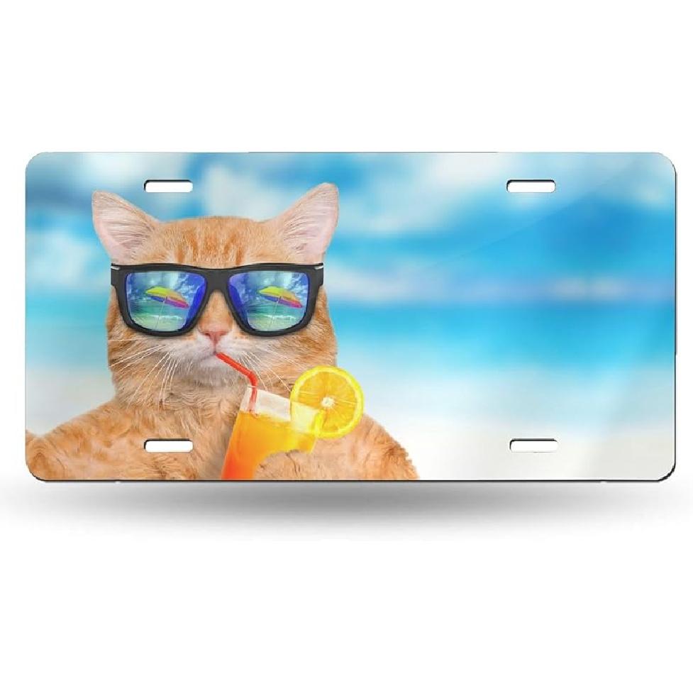 Black Cat Eyes Watching Front License Plate Aluminum Decorative License Plates Funny Metal Car Plate 6"X12" Novelty Vanity Tag Cover With 4 Holes Car