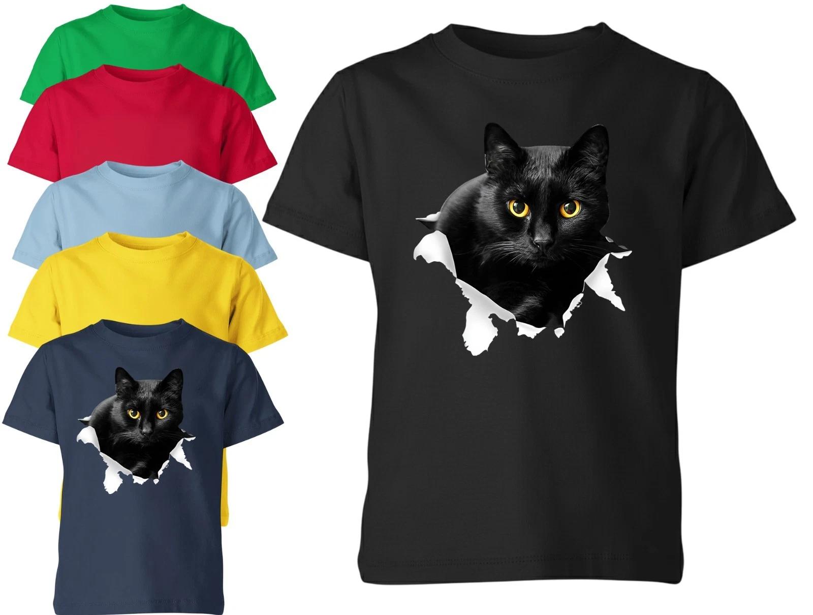 Черная кошка Рваная футболка для унисекс детей Милый кот Выглядывает Графическая футболка Подарок 140
