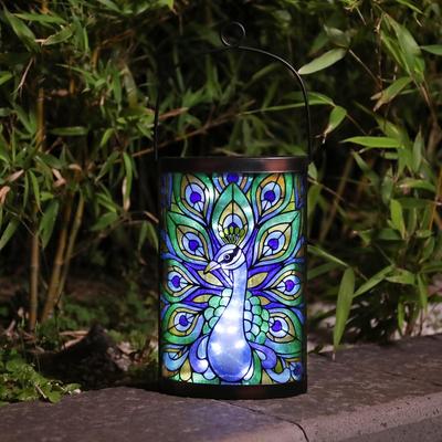 Solar-Laterne für den Außenbereich, Hängende Glas-Pfauen-Solarleuchte, Wasserdichte LED-Lampe für Garten, Hof, Baum, Schreibtisch-Dekoration