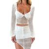 Summer and Autumn European and American Women's Clothing Low-Cut Sexy Cut Out Long Sleeves Midriff-Baring Top Asymmetrical Skirt Knitting Suit