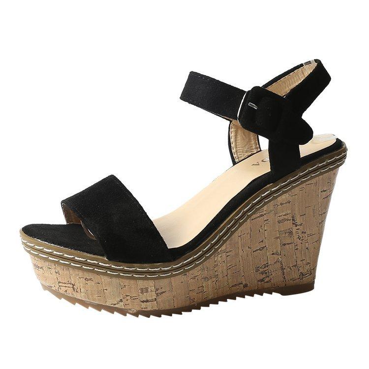 

Wedge sandals women s summer waterproof platform European and American women s shoes 2018 new thick-soled suede fashionable versatile one-word high he 34 чёрный